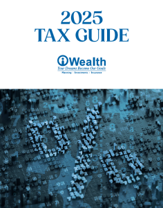 Cover of the 2025 Tax Guide with "iWealth" logo. Background features abstract blue digits and percent symbols.